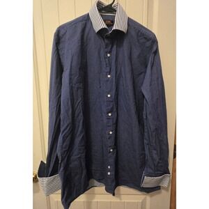 Steven Land Dress Shirt 16.5 36/37 Tall Blue Micro Dot Contrast Stripe Cuff